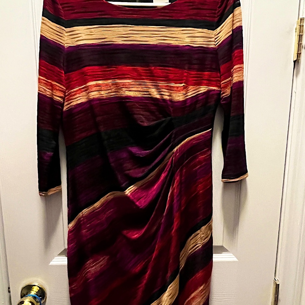 Chico’s figure flattering dress, burgundy, plum, rust & other rich hues.
